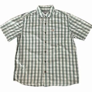 Carhartt Plaid Button Up Shirt Large Relaxed Fit Short Sleeve Green Pocket Logo